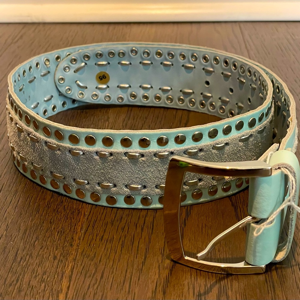 Genuine Light Blue Leather and Suede Belt with Steel Grommets